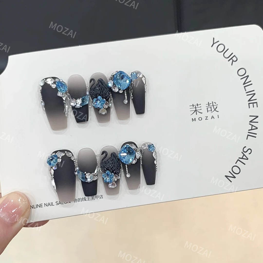 茉哉安妮高定【施家全华/黑天鹅】纯手工定制美甲拆卸穿戴甲A3186