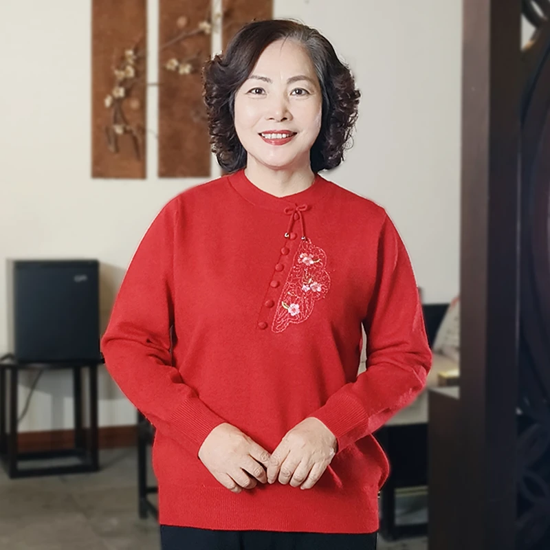 中老年人气质妈妈春秋装圆领针织衫上衣奶奶秋冬装针织毛衣