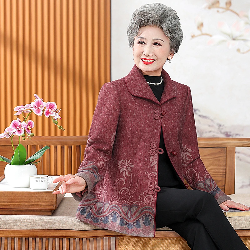 奶奶秋装中式翻领外套中老年人女妈妈装春秋款洋气上衣老太太衣服
