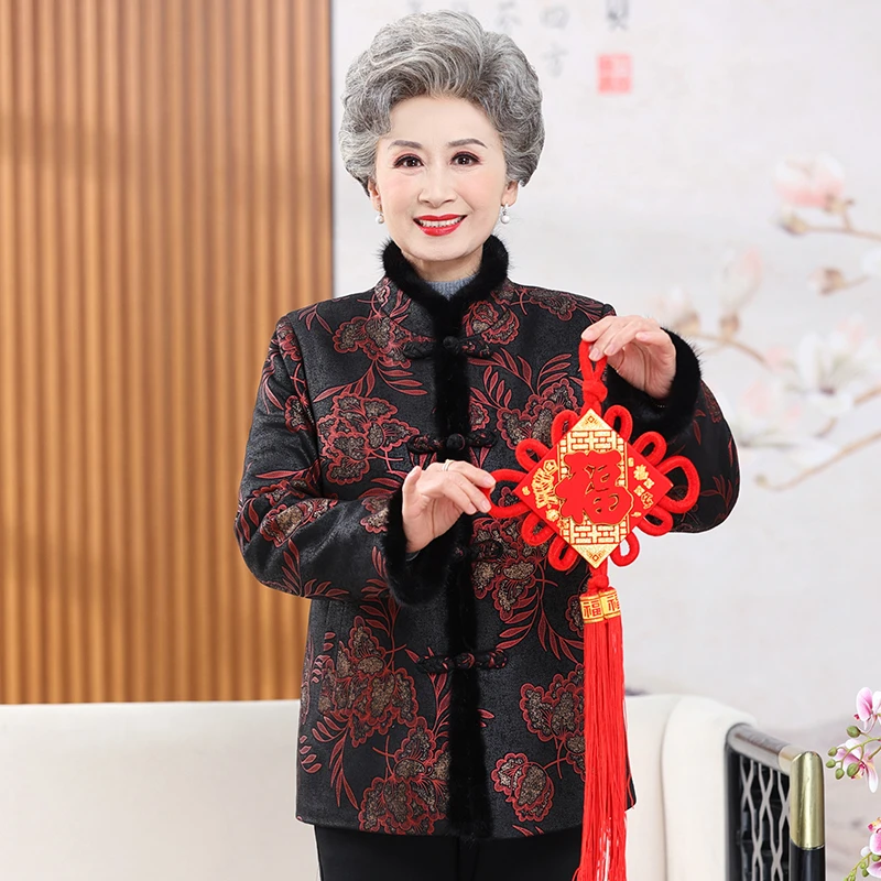 【金枝玉叶】水貂毛领妈妈国风仿皮草外套老年人奶奶装加绒棉衣