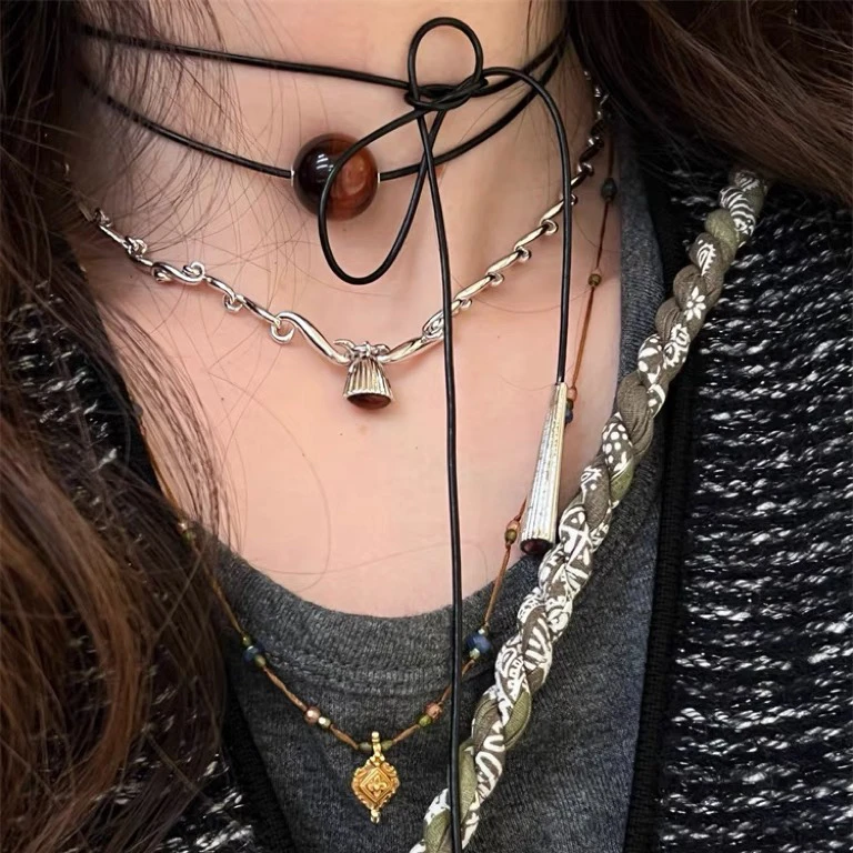 黄铜项链 【精工定制高货】法式复古红虎眼金属拉丝圆球可调节项链