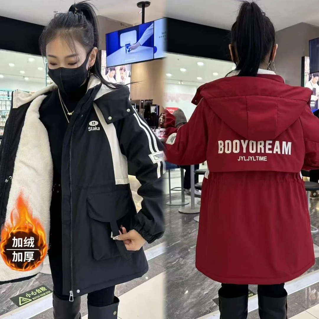 371连帽潮流收腰派克服女冬季新款加绒加厚洋气时尚中长款防风