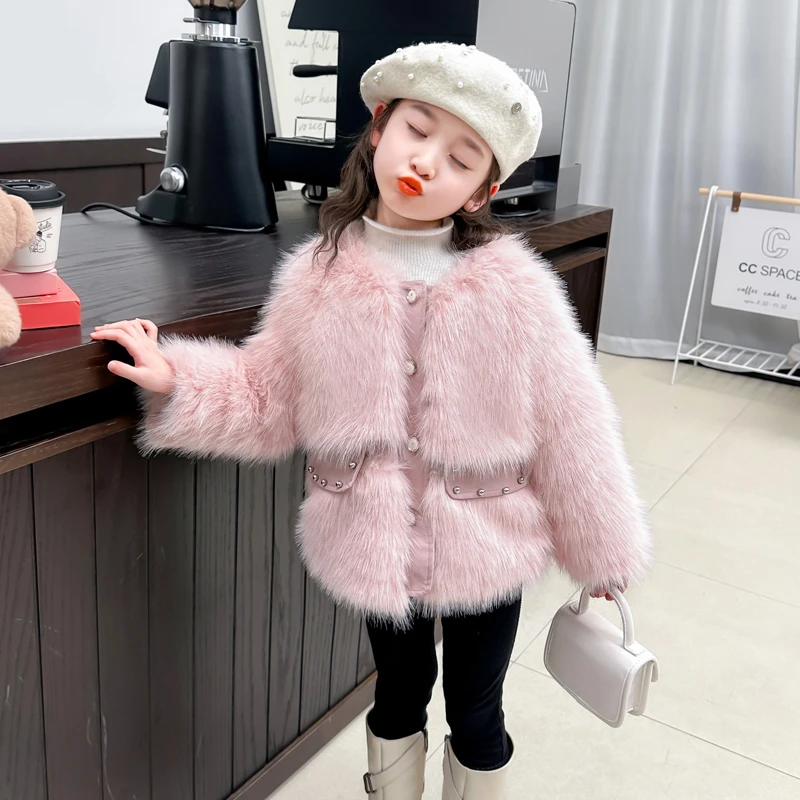 女童小香风短款加厚皮草儿童洋气百搭网红冬季韩版甜美毛毛衣外套