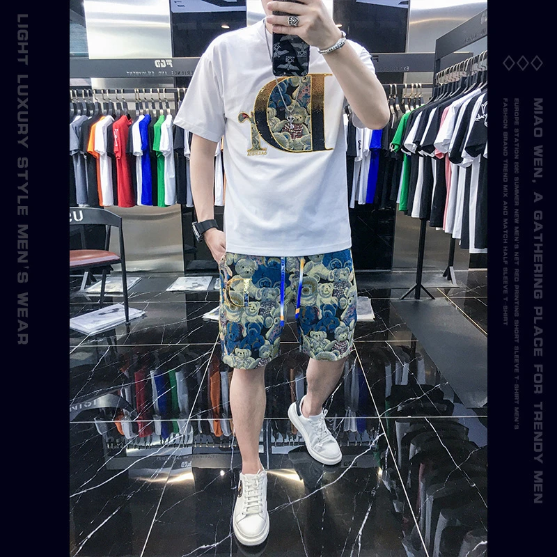 欧货夏天小熊短袖t恤短裤男士套装潮牌2025新款男装一套搭配休闲