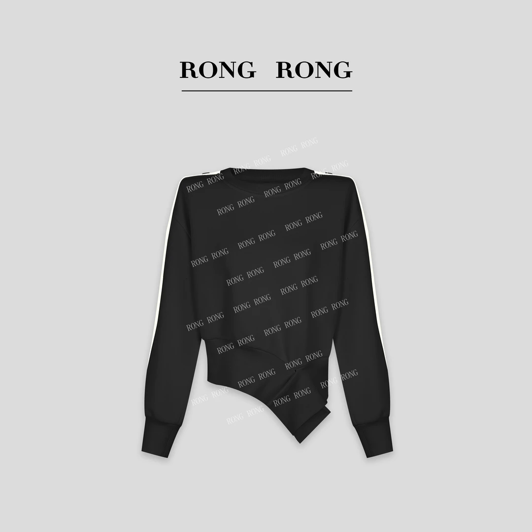 溶溶【高阶少女】RONGRONG 圆领撞色加绒不规则下摆卫衣C-A208161-1