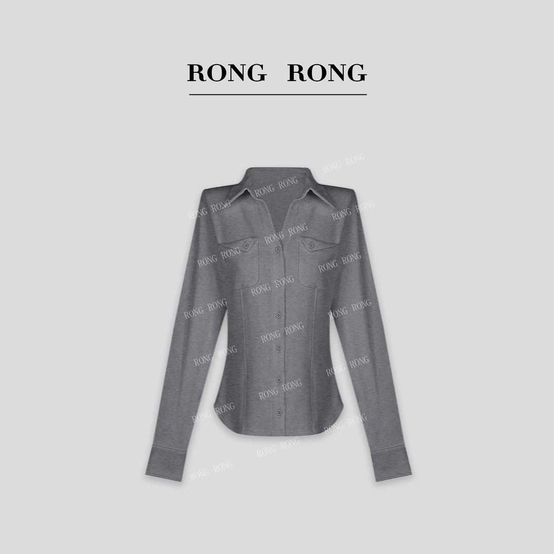 溶溶【格雷碳灰】RONGRONG 翻领平纹超柔针织瑟斯绒打底衫24D6059