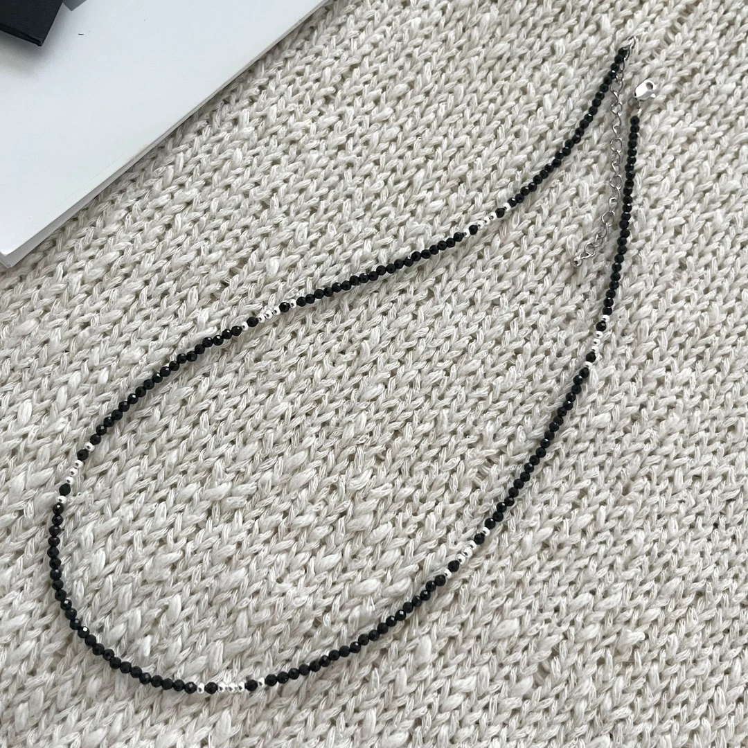 坠链均925银 韩ins时尚百搭气质简约 黑晶晶银珠项链手工轻奢