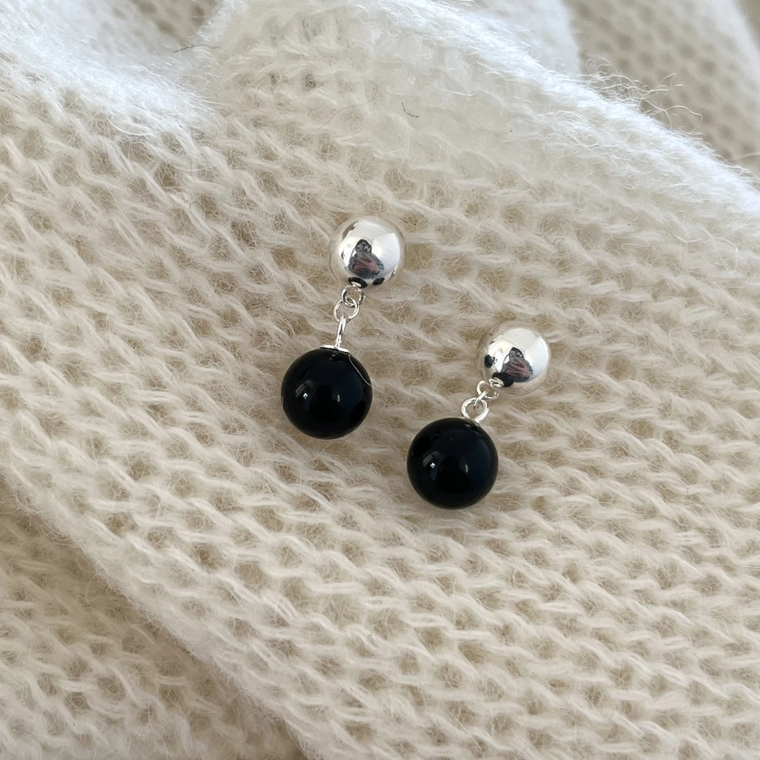 925银耳饰 韩ins风时尚百搭气质简约雅丹  简约银饼黑珠耳钉手工