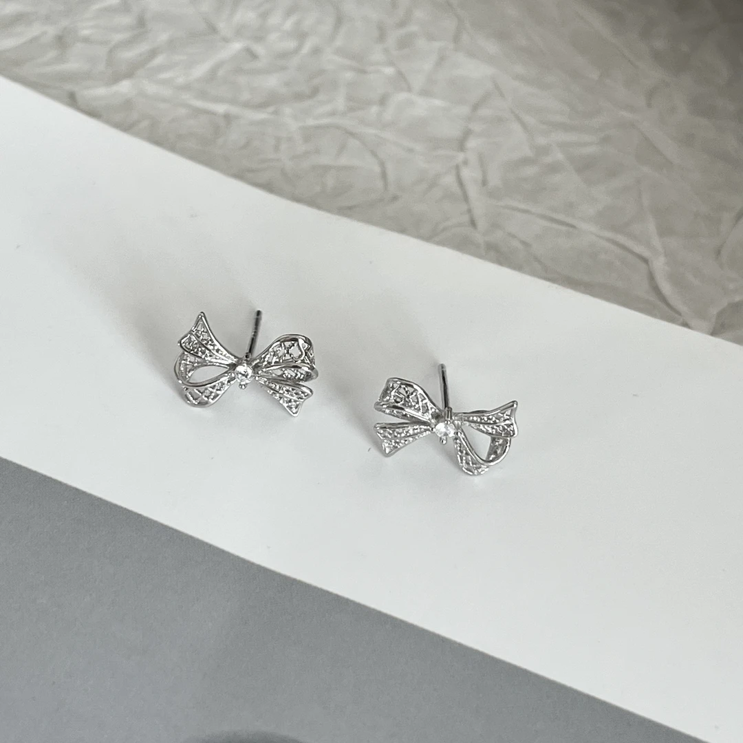 925银耳饰 韩ins风时尚百搭气质简约 蕾丝蝴蝶结耳钉轻奢小众个性