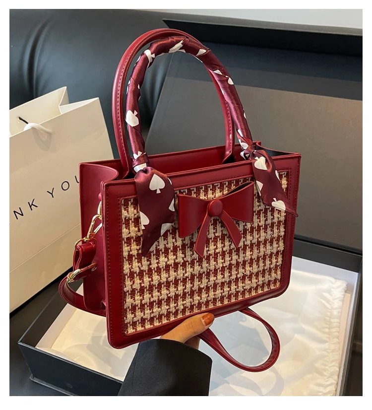 呢子千鸟格结婚包包新婚礼物女2025新款新娘包红色大容量手提包