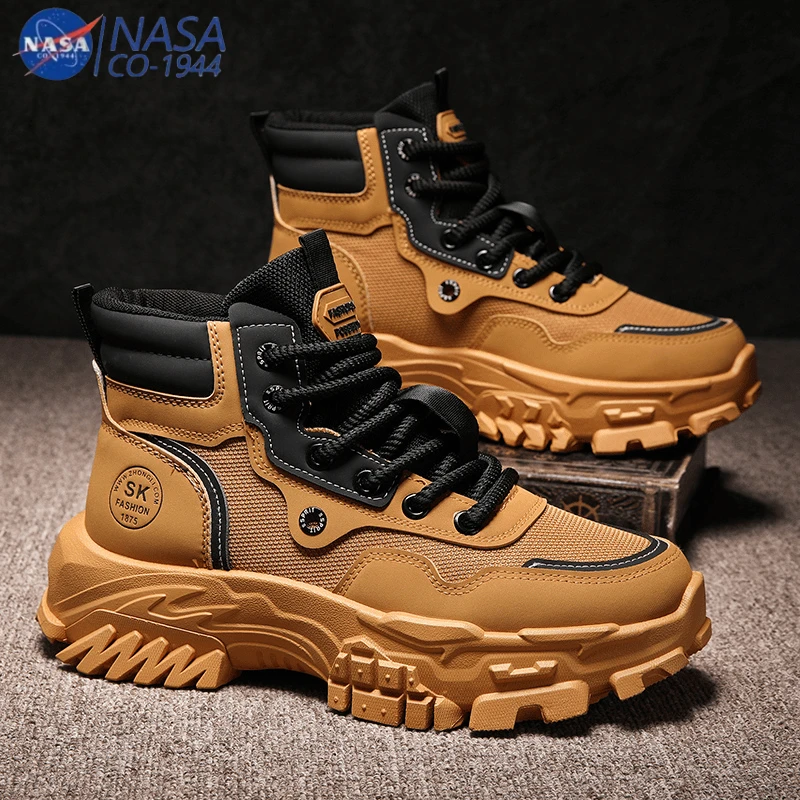 NASA联名高帮马丁靴男春季登山复古工装靴运动厚底增高皮面大黄靴