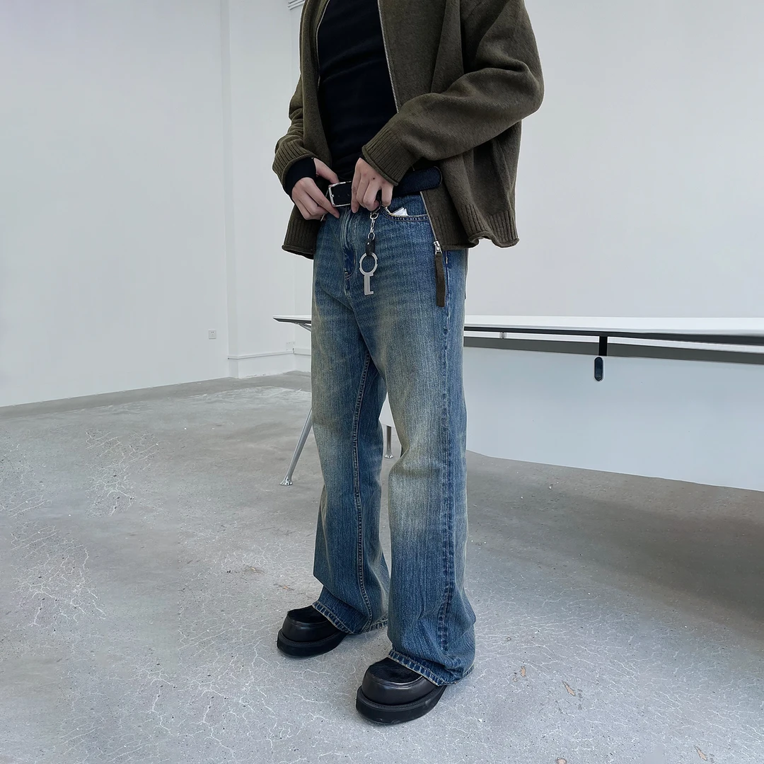 TERRAINCOGNITA/未知领域微喇叭水洗复古做旧竹节纹牛仔长裤男女