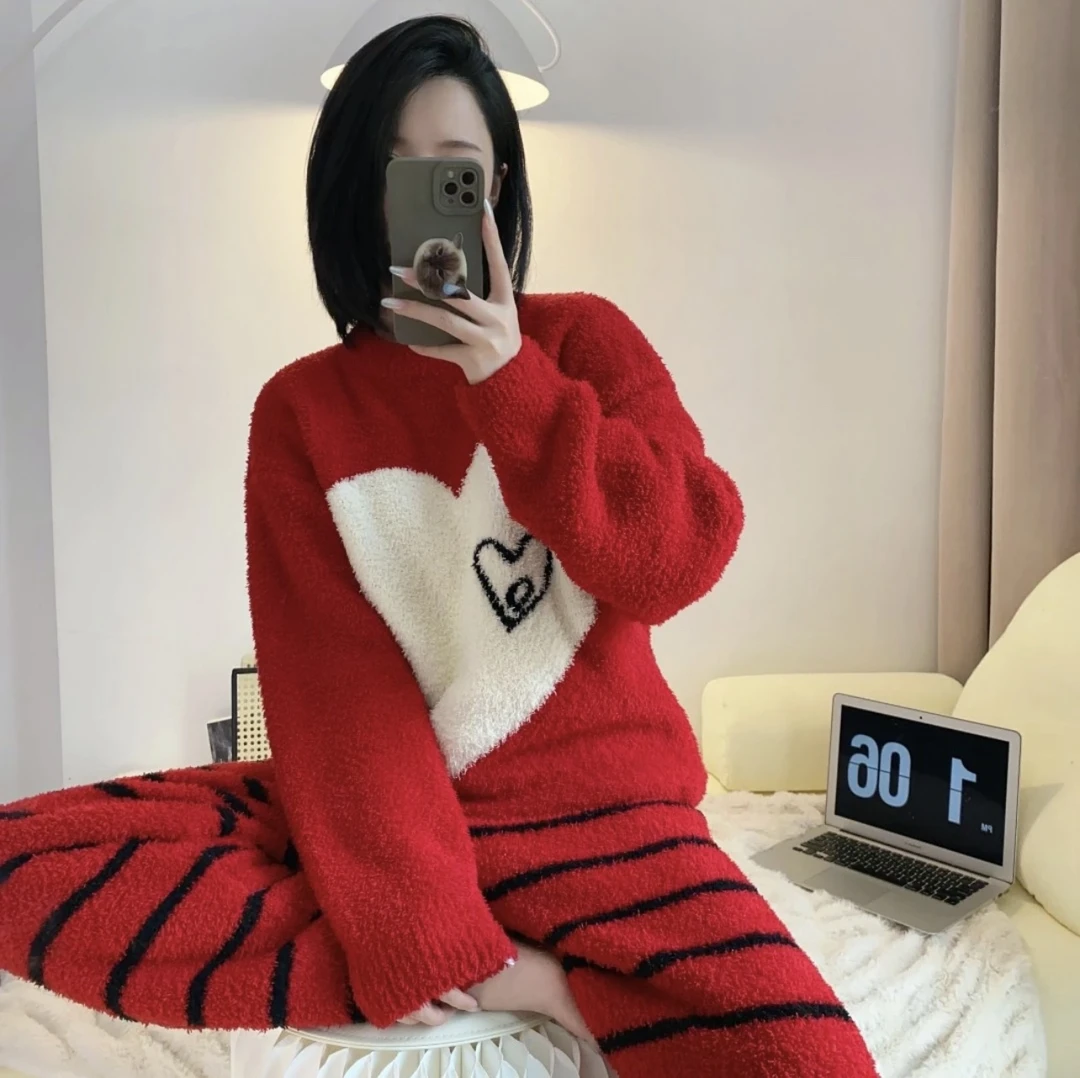 安哥拉红色软绵绵半边绒睡衣女士秋冬保暖加绒加厚长袖家居服套装