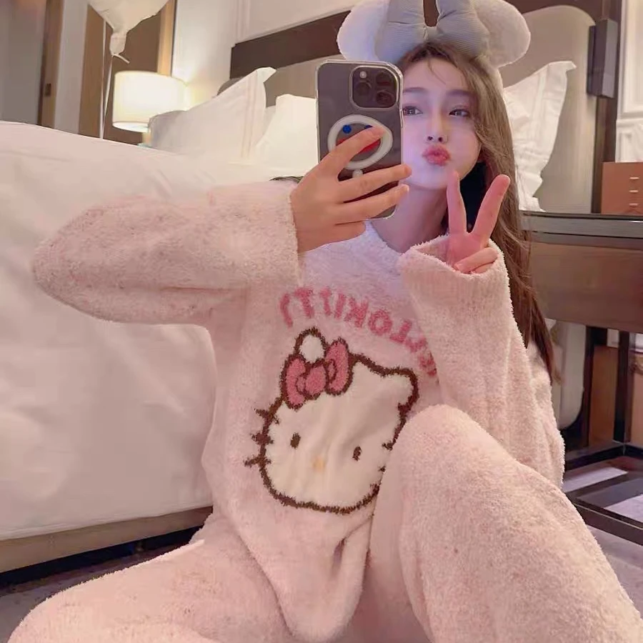 pinkkitty卡通睡衣女款冬季珊瑚绒可爱家居服加绒加厚套装软绵绵