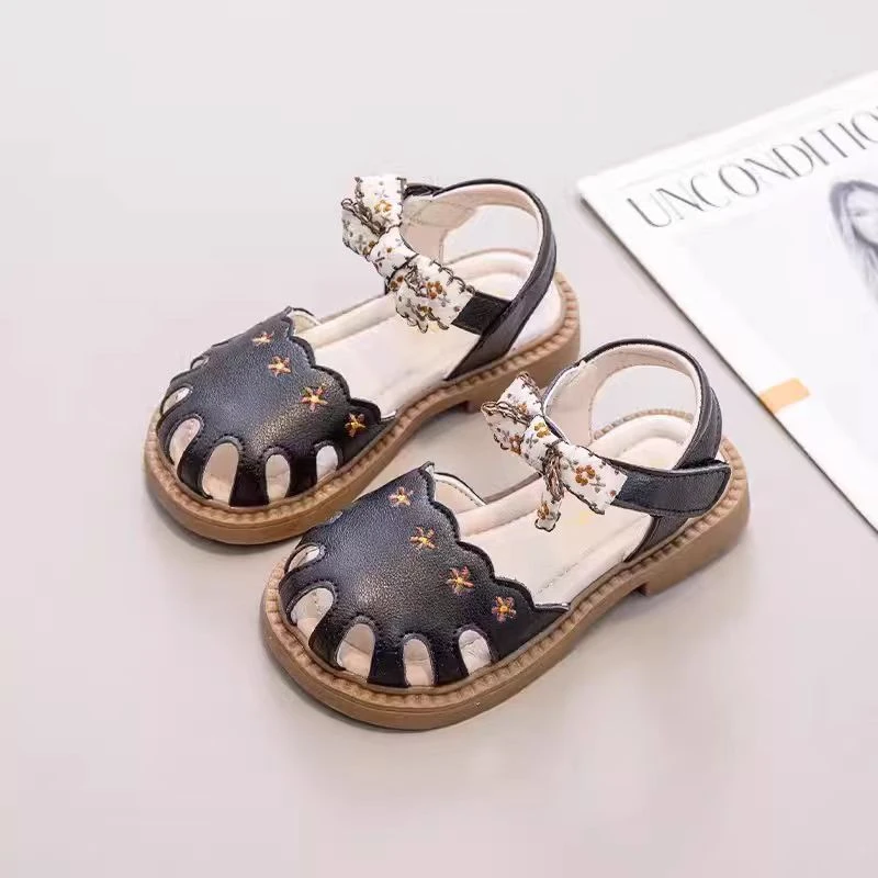 女童包头凉鞋儿童碎花公主鞋小女孩田园风软底蝴蝶结鞋子(5611)