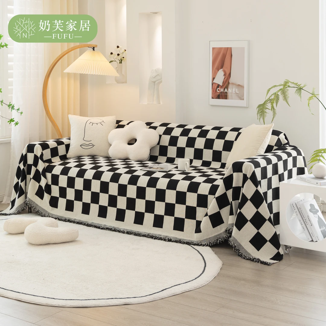 雪尼尔黑白棋盘格沙发垫沙发套罩四季通用简约黑色坐垫靠背巾盖布