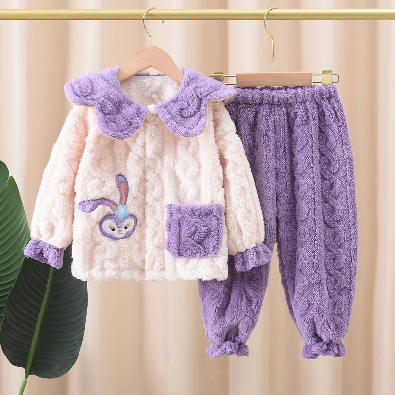 秋冬季儿童法兰绒睡衣宝宝加厚卡通家居服男女童中大童珊瑚绒套装