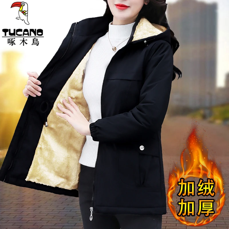 【正品】啄木鸟加绒加厚棉服女2025新款秋冬中长款中年妈妈保暖棉衣
