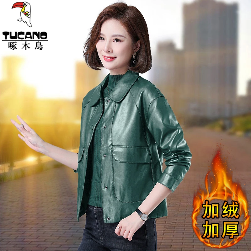 【正品】啄木鸟短款皮夹克外套2025新款秋冬季加绒加厚保暖皮衣女士