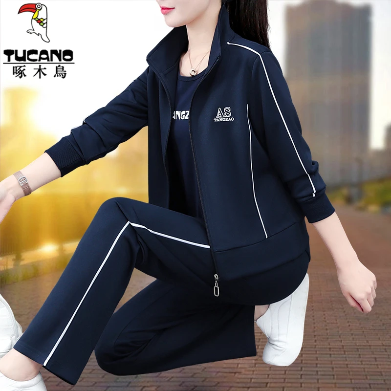 【正品】啄木鸟休闲运动套装女春秋2025新款时尚洋气显瘦大码三件套