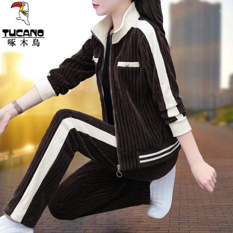 【正品】啄木鸟灯芯绒休闲套装女2025新款春秋季洋气中年妈妈两件套