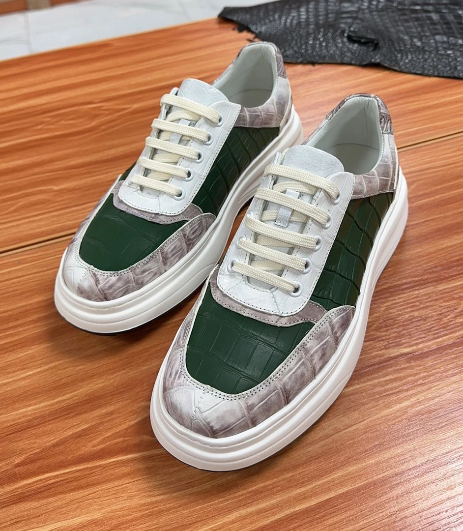 进口鳄鱼皮男鞋欧美时尚个性拼色增高鞋潮牌高级感男运动休闲皮鞋