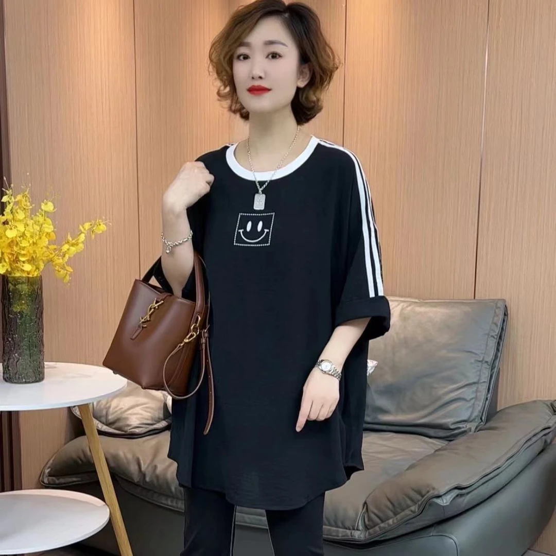 夏季新款 拼色杠杠笑脸印花T恤休闲时尚显瘦圆领百搭设计感上衣