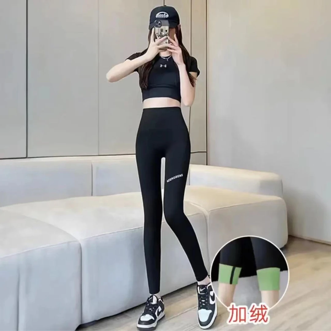 秋冬磨毛斜口袋字母瑜伽鲨鱼裤时尚高腰弹力百搭提臀打底裤