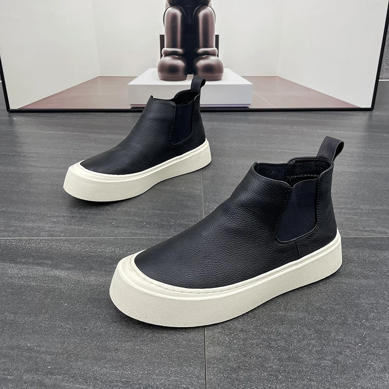 2025秋季新款男鞋皮面高帮休闲板鞋一脚蹬套脚短筒靴高帮鞋子男款