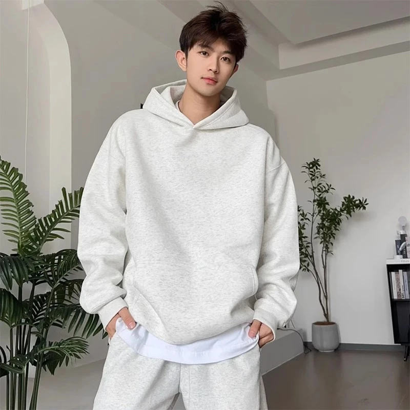 白花灰色美式重磅连帽卫衣秋冬简约休闲硬挺帽衫美式复古男生外套