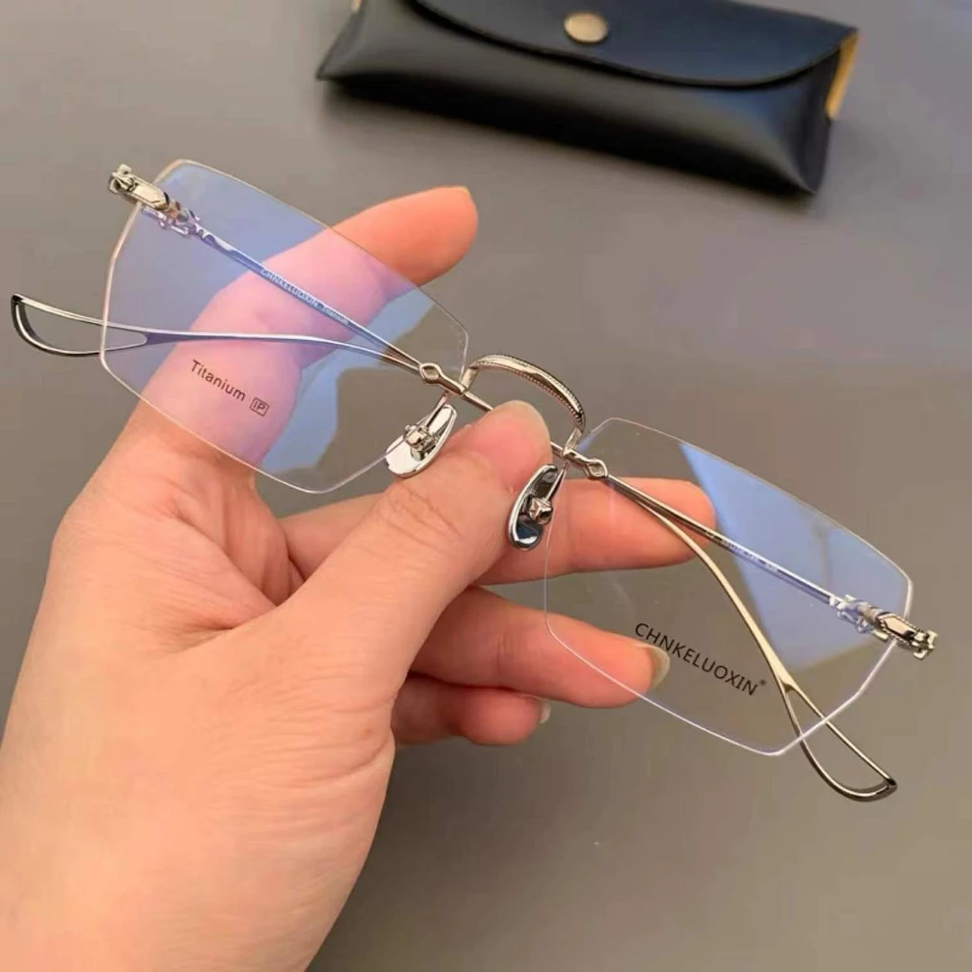 轻无框眼镜近视男潮切边不规则可配度数大脸商务金边眼镜框女复古