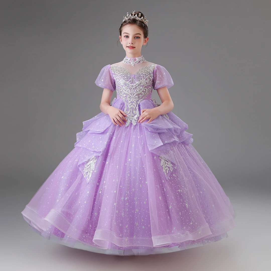 儿童礼服高端轻奢小众生日紫色公主裙女童小主持人钢琴演奏演出服