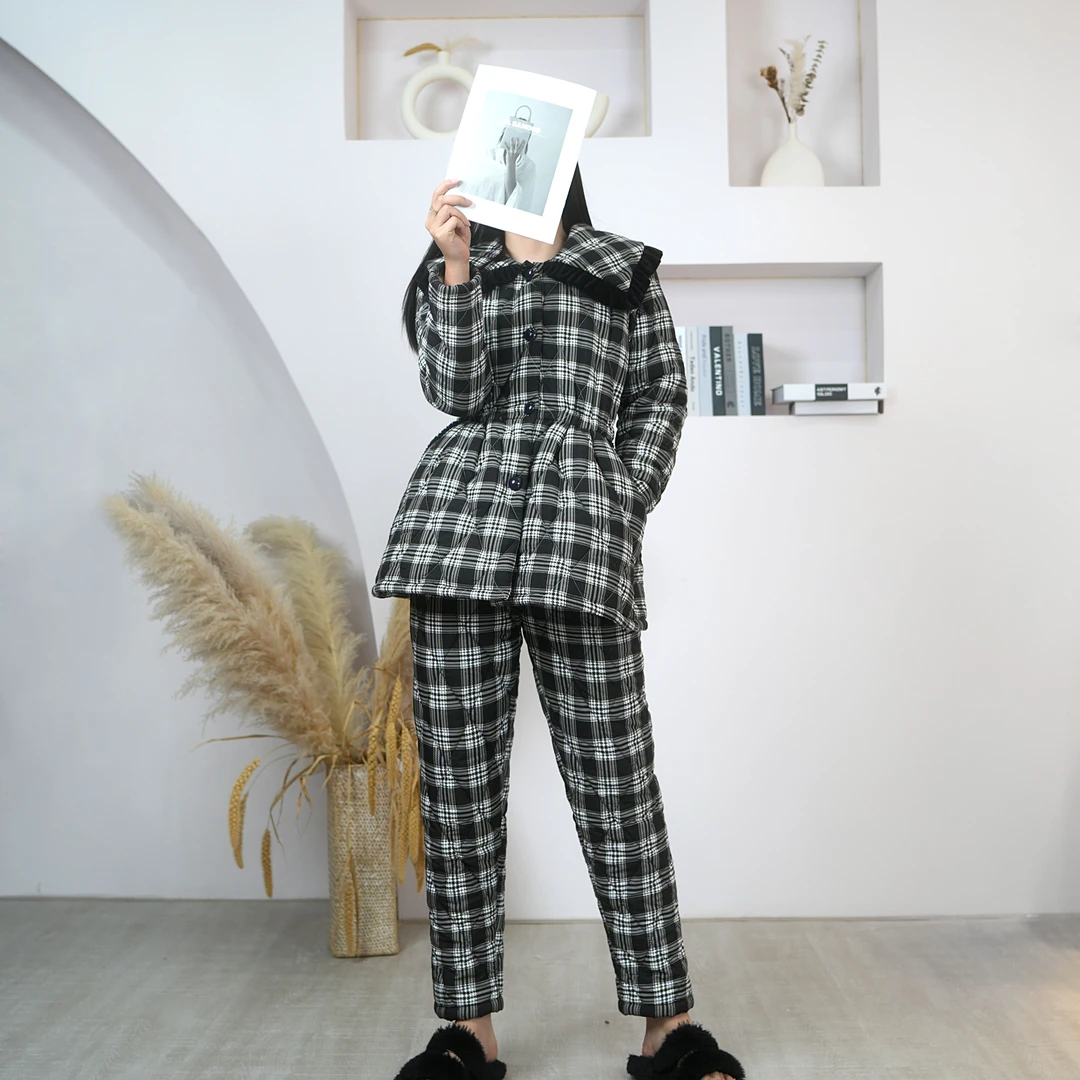 【千鸟格】睡衣女冬季三层夹棉加厚格子风家居服套装70367004