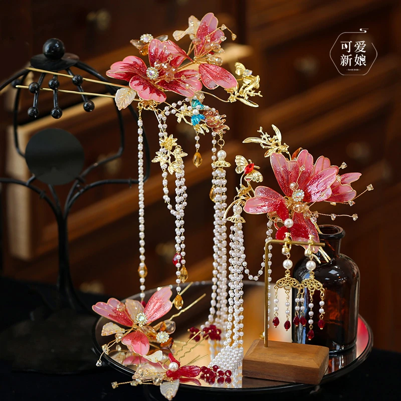 合金婚庆饰品 秀禾头饰粉色滴胶造液花高级中式龙凤褂发饰HZ750