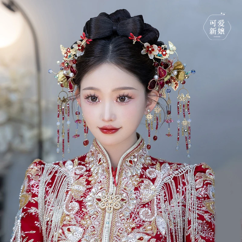 合金婚庆饰品 红色绒布花朵高级大气新中式新娘结婚秀禾发饰X1615