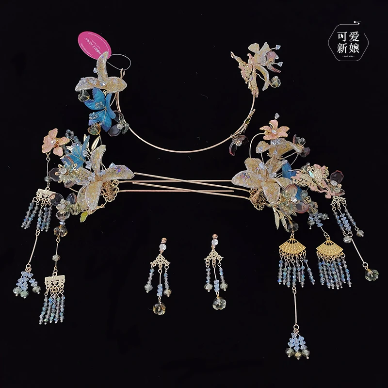 新娘浅色秀禾头饰古典金色花朵中式汉服龙凤褂发饰HZ972