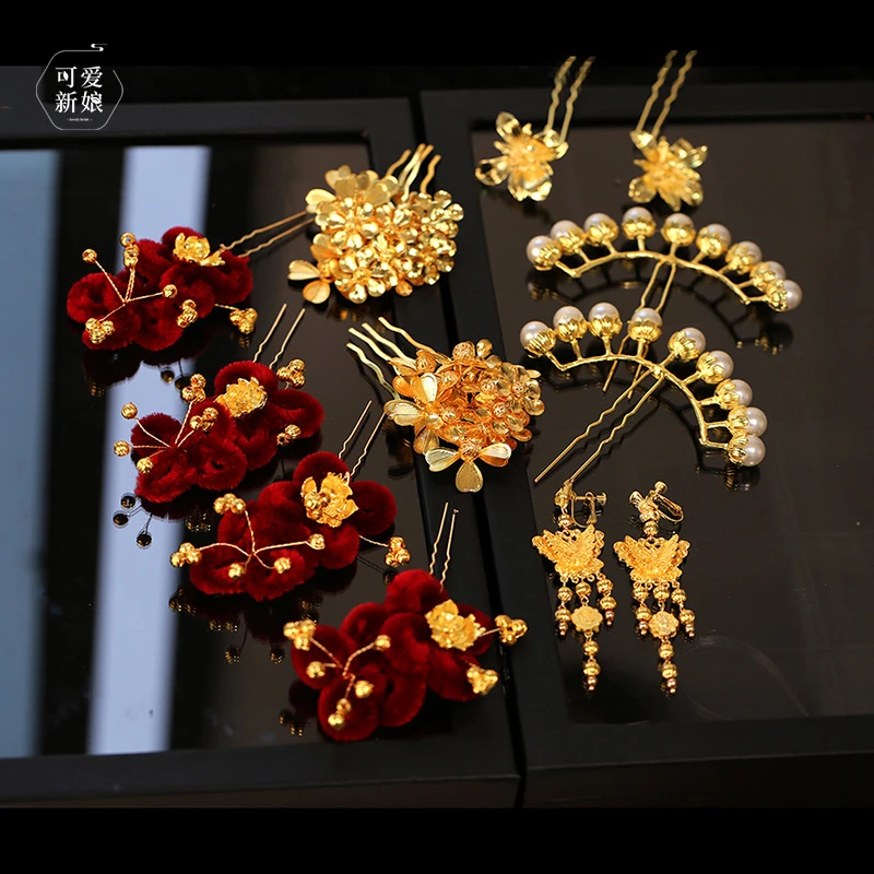 秀禾服新娘头饰复古红色绒花发簪中式汉服龙凤褂古典发饰20241150