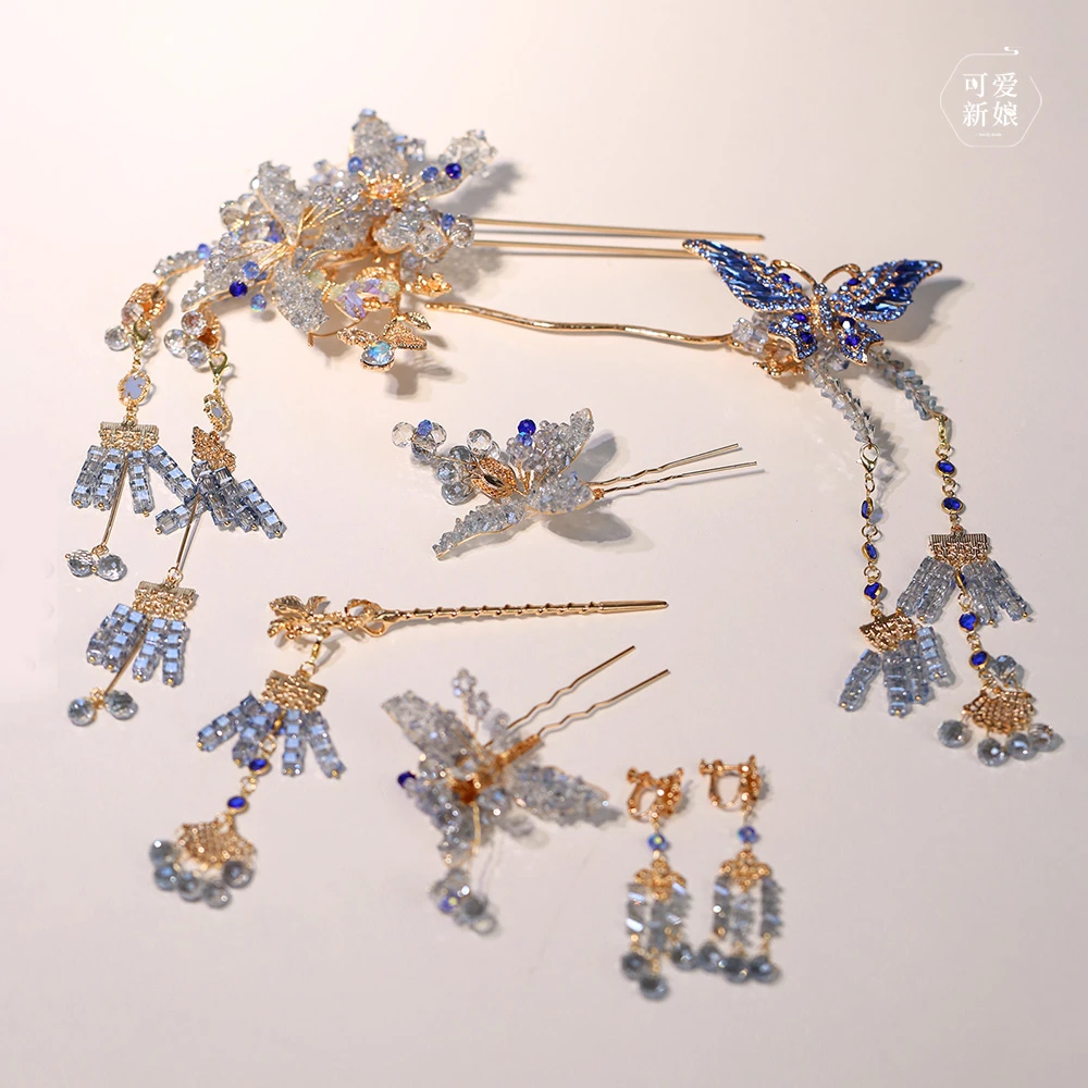 合金婚庆饰品 中式蓝色蝴蝶水晶高级大气新娘秀禾百搭头饰GH014