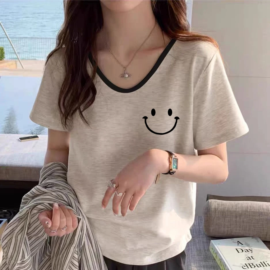 艾格美式复古正肩短袖2024显瘦夏新款撞色棉时尚灰色宽松上正品