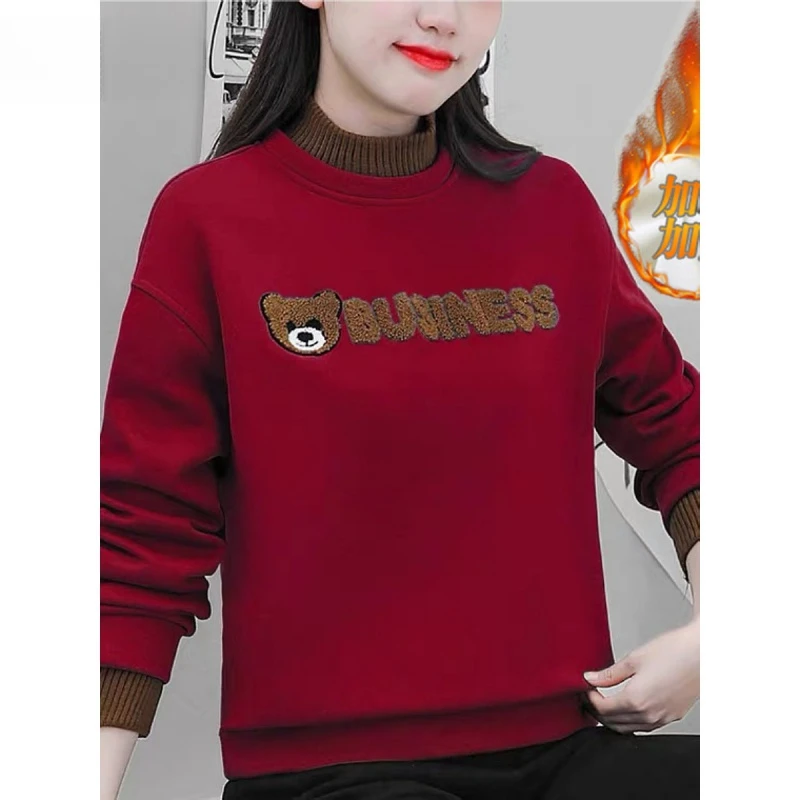 卫衣女2024新款潮刺绣小熊秋冬时尚女装半高领加绒加厚上衣