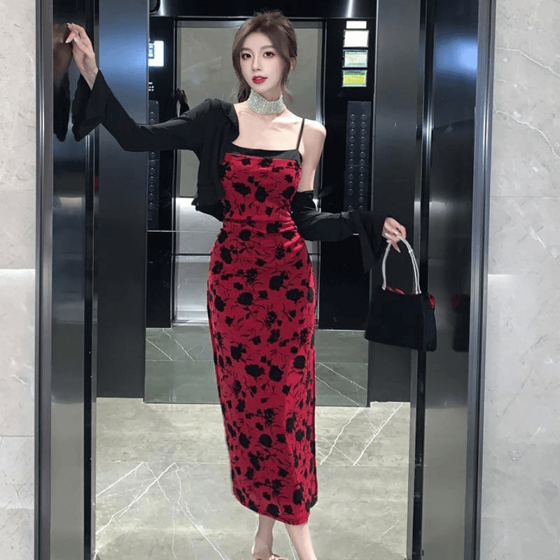 法式复古碎花吊带长裙女秋季轻熟修身开叉连衣裙配短款外套两件套