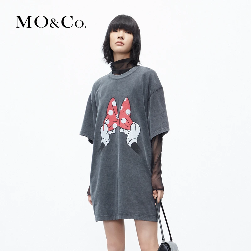 MOCO连衣裙美式复古斑驳印花圆领短袖棉T恤宽松镶边MBC3DRS027