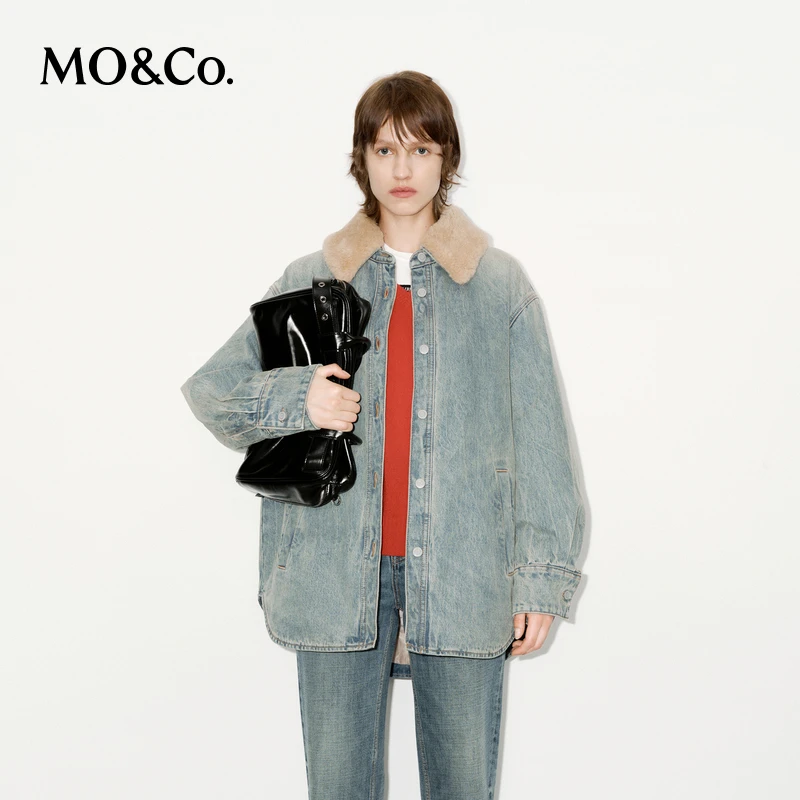 MOCO牛仔夹克冬棉质宽松落肩廓形拼接毛领外套MBD4JKTT01