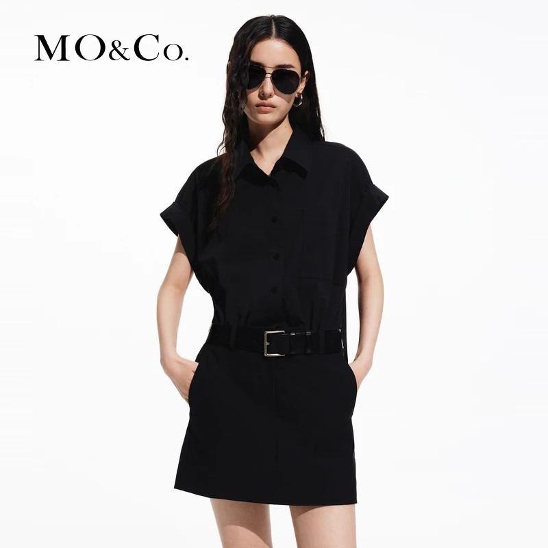 MOCO夏解构假两件高腰拼接黑色衬衫短裙连衣裙MBD2DRS100
