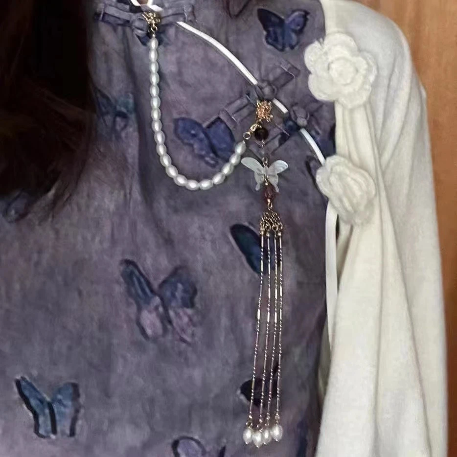 合金仿珍珠胸针 国潮古风旗袍压襟流苏胸前挂件汉服配饰蝴蝶吊坠