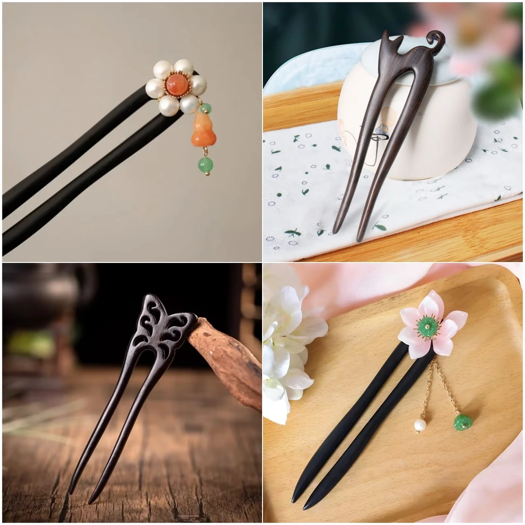 古风发簪旗袍汉服头饰古装盘发配饰黑檀木双钗