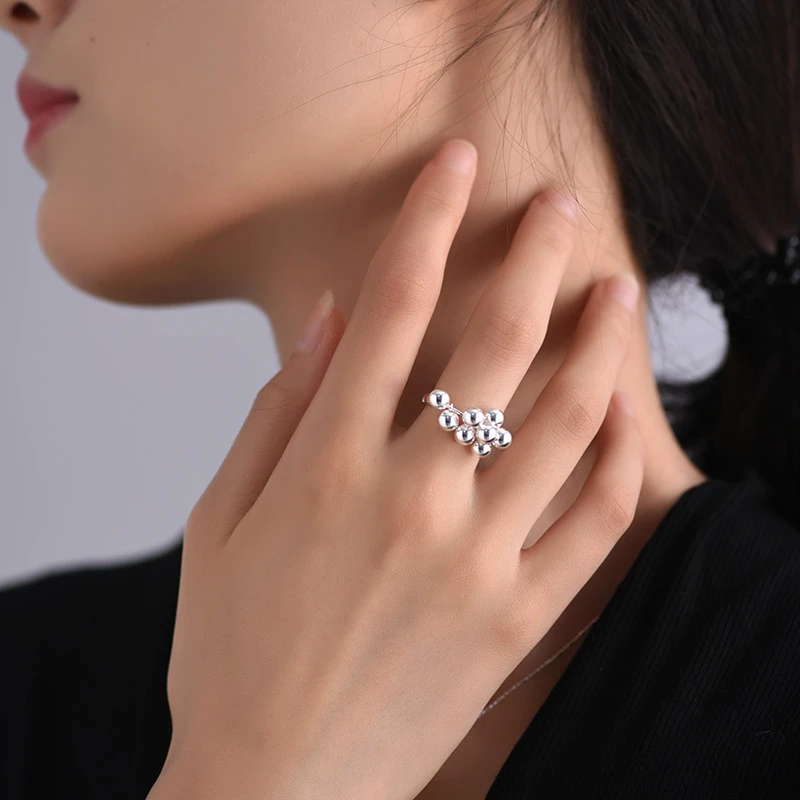 山本银 925银戒指 女款小众气质珠珠素圈戒指活口学生党时尚饰品