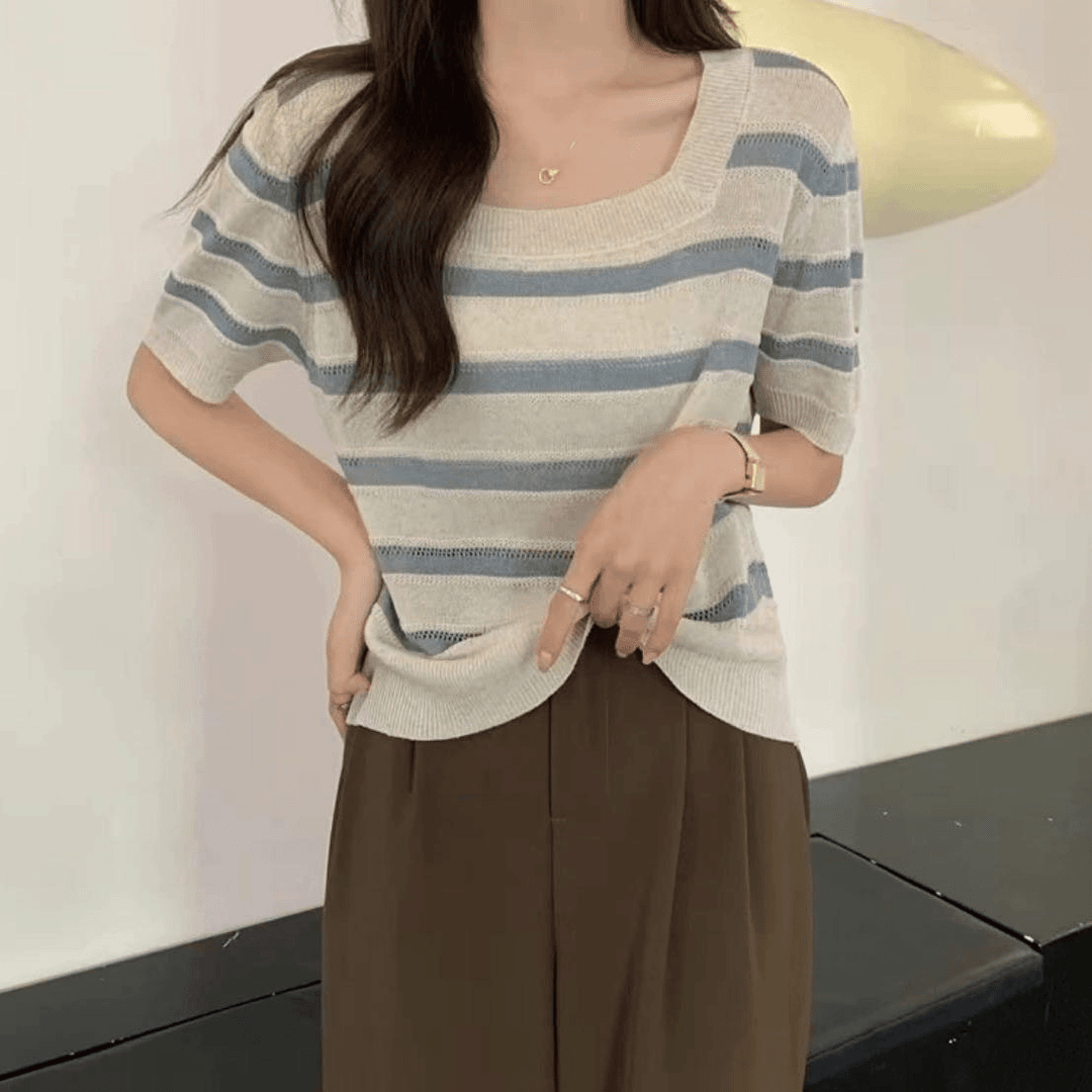 【XU福利】7246小衫蓝色条纹针织冰丝短袖正肩方领t恤上衣女夏季