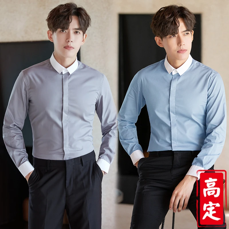 【优雅绅士拼色】秋季商务休闲拼色领衬衫时尚衬衣内穿外搭上衣3009