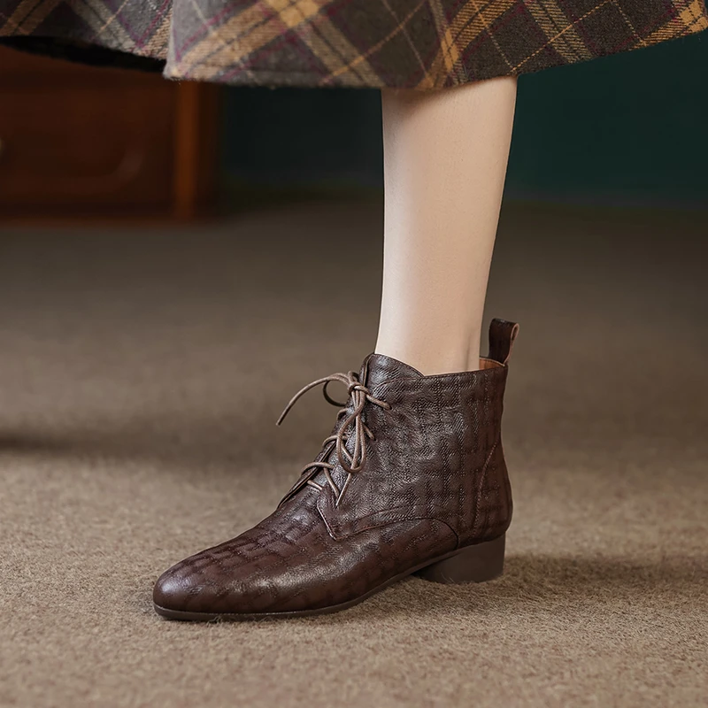 3cm/羊皮/真毛短靴女冬季新款粗跟真皮短靴女软底软面系带马丁靴